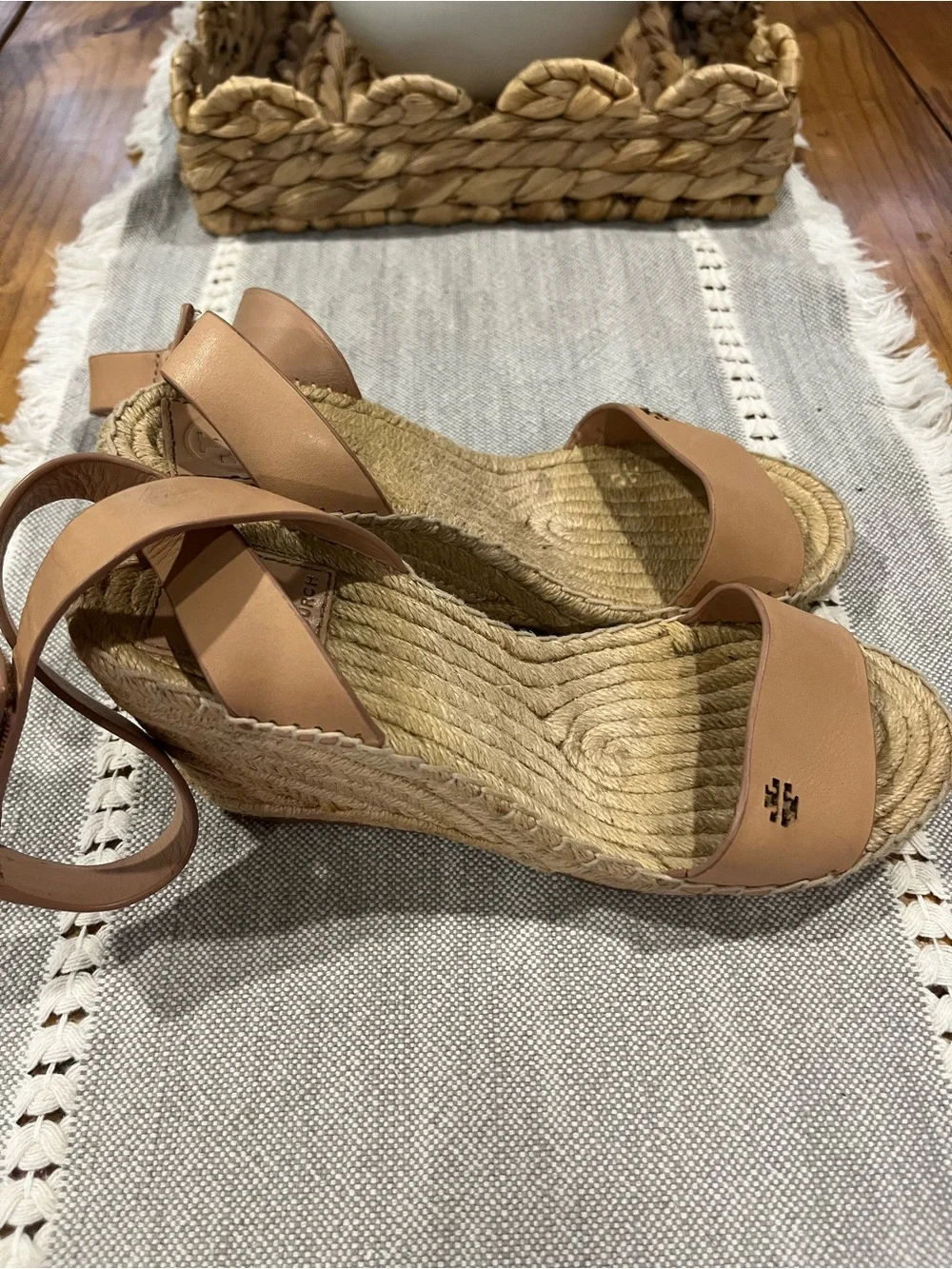 Tory Burch Bima  Tan Leather Espadrille Wedge Sandals with Ankle Strap 6.5